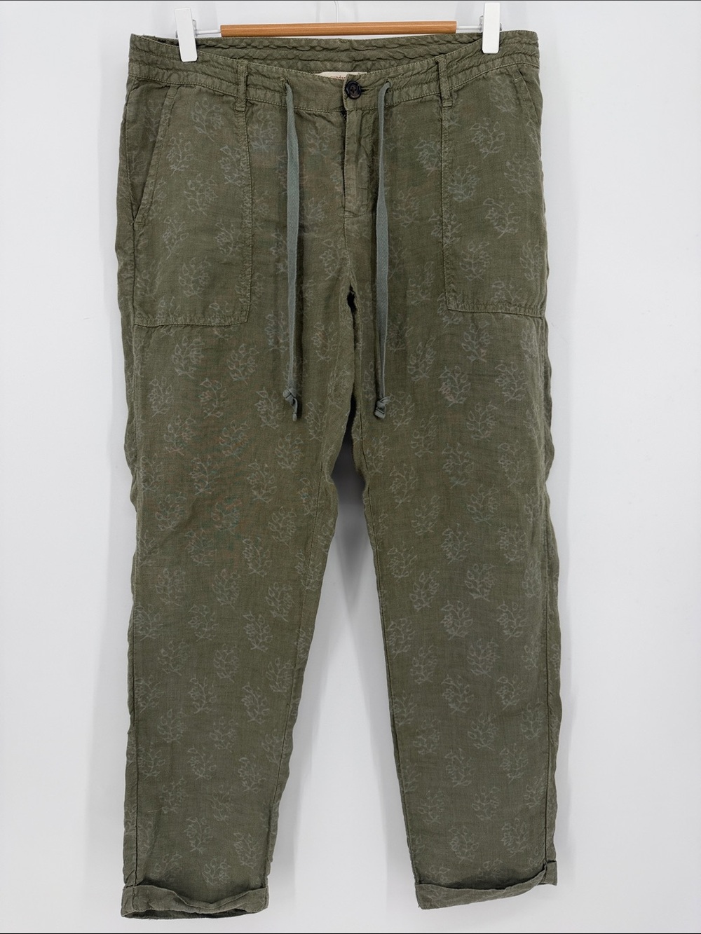 Sundance 100% Linen Floral Utility Pants Olive Green Size 6